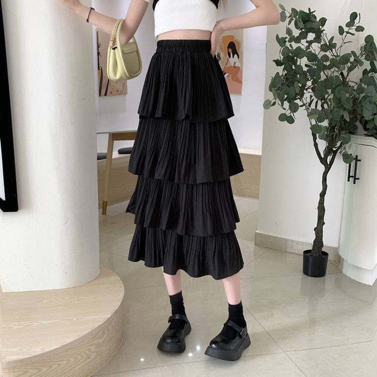Women Fashion Casual Solid Color Ruffle Chiffon High Waist Skirt