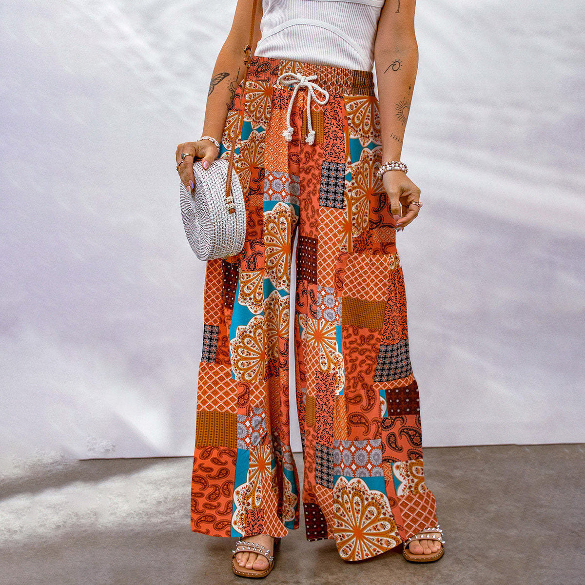 Women Casual Vacation Floral Printed Loose Drawstring Pants