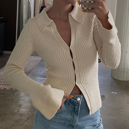 Women Casual Solid Color Lapel Long Sleeve Knitted Sweater