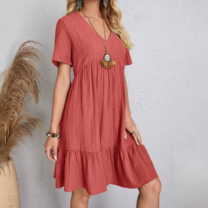 Women Casual Loose Solid Color Pleated V-Neck Short-Sleeve Dress