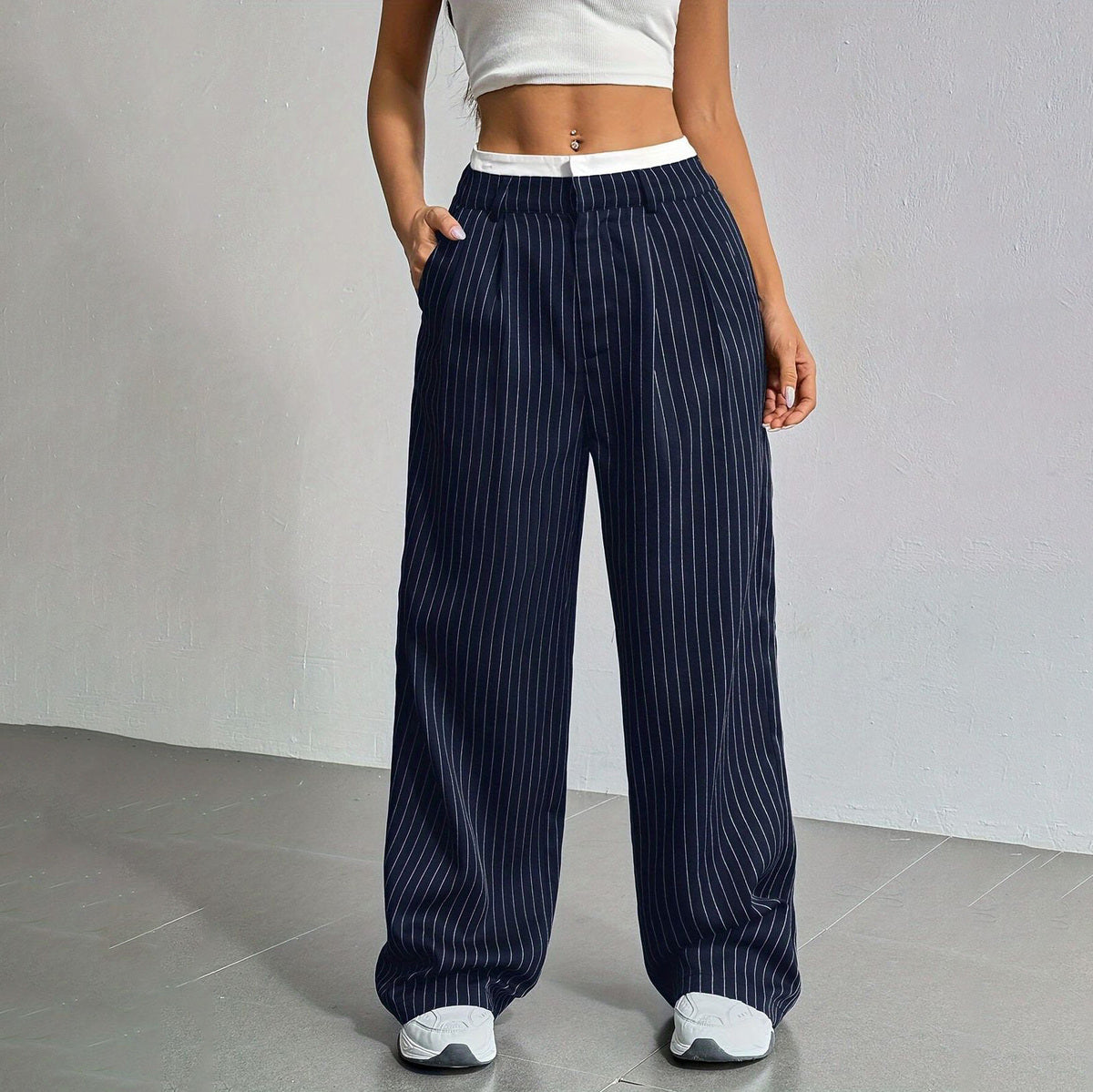 Women Casual Solid Color Stripe High Waist Loose Pants