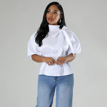 Blusa informal de manga corta con cuello alto, estampado floral y cordones para mujer