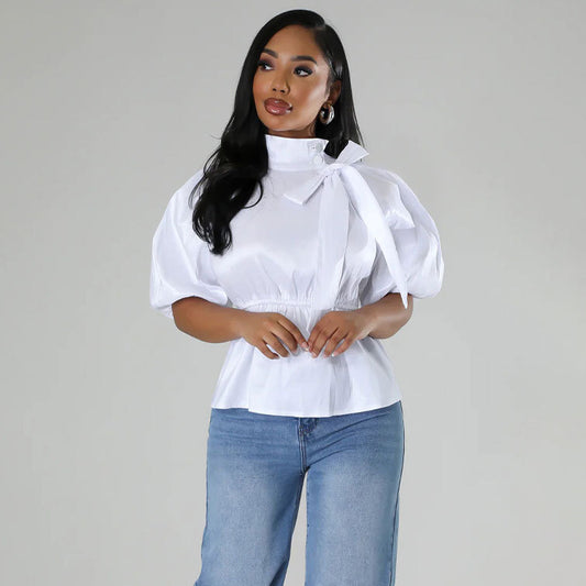 Blusa informal de manga corta con cuello alto, estampado floral y cordones para mujer