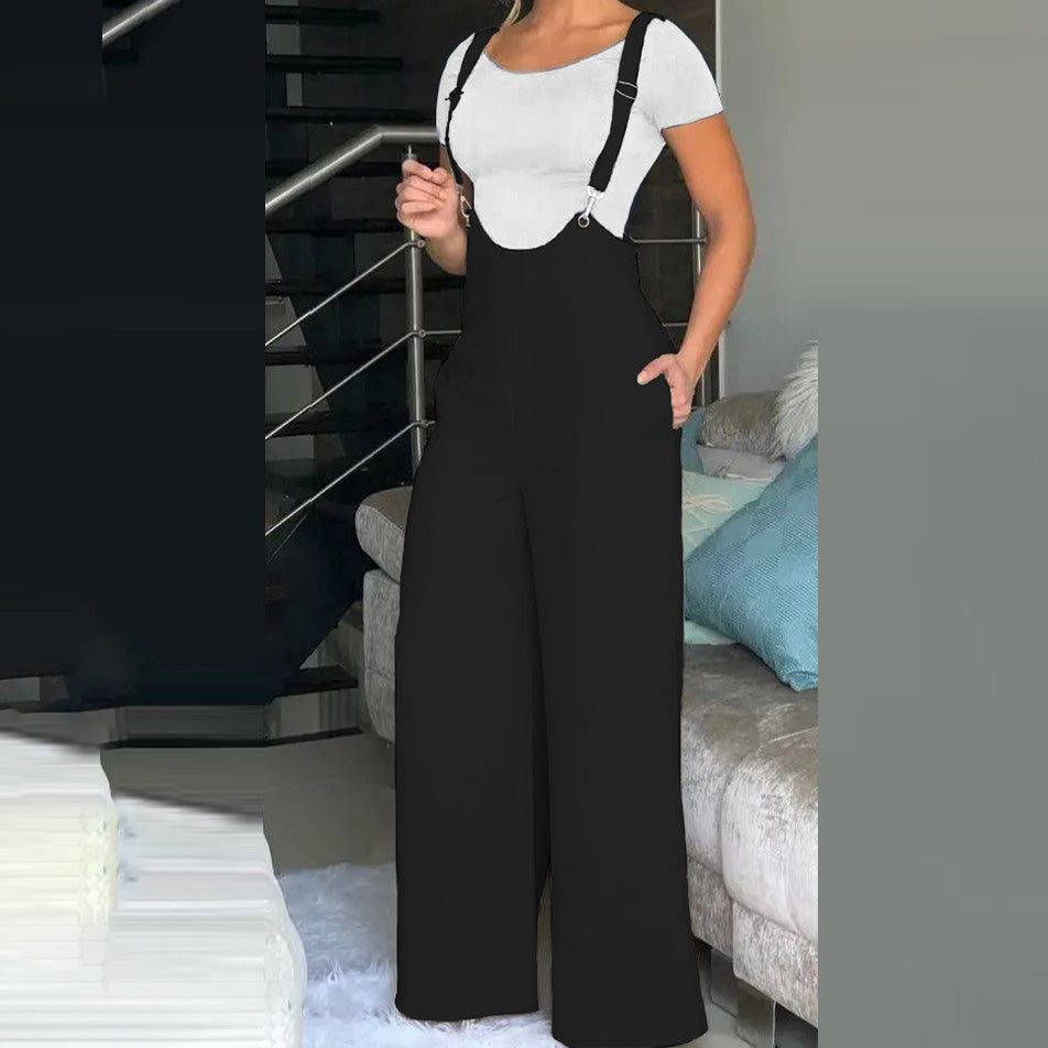 Women Fashion Casual Solid Color Loose Strap Pants