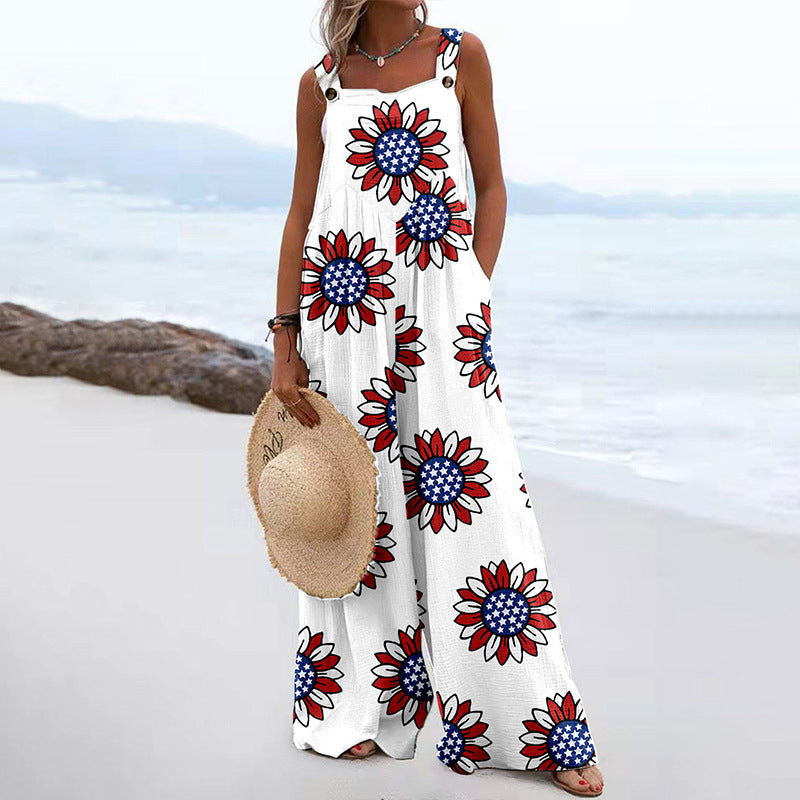 Women Fashion Casual Printed Sleeveless Wide-Leg Loose Jumpsuits