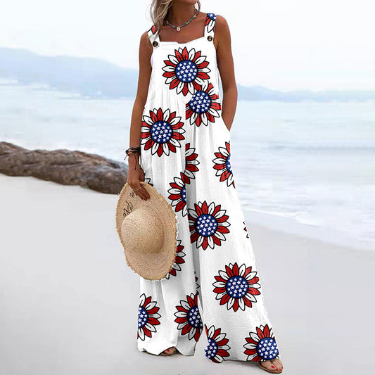 Women Fashion Casual Printed Sleeveless Wide-Leg Loose Jumpsuits