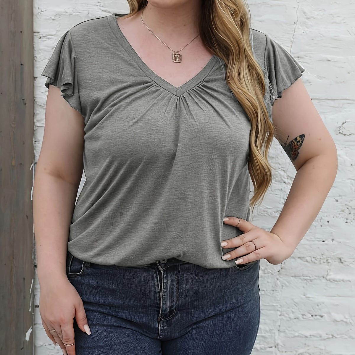 Women Fashion Casual Plus Size Solid Color V-Neck Short Sleeve T-Shirt