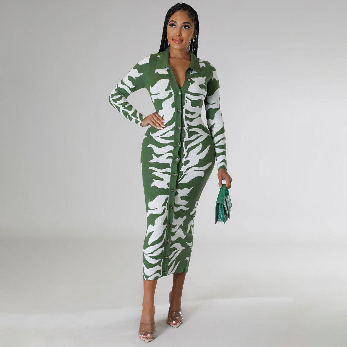 Women Fashion Casual Printed Lapel Long Sleeve Single Breasted Dress
