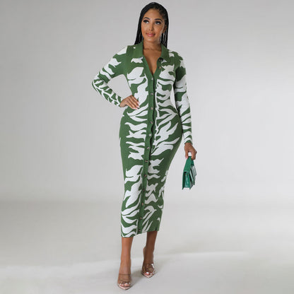 Women Fashion Casual Printed Lapel Long Sleeve Single Breasted Dress
