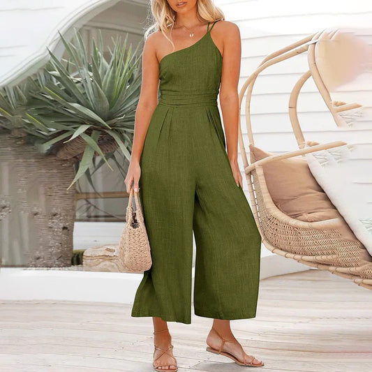 Women Fashion Casual Solid Color Cotton Linen Slant Shoulder Sleeveless Jumpsuit