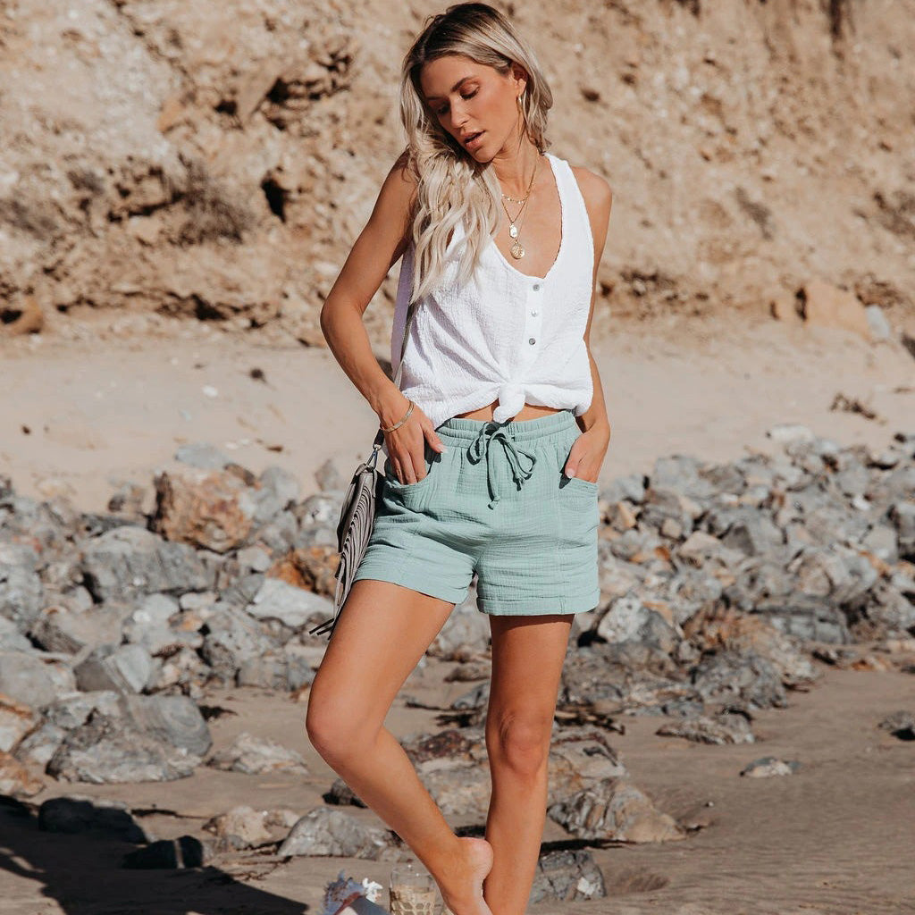 Women Fashion Casual Solid Color High Waist Lace-Up Wide-Leg Shorts