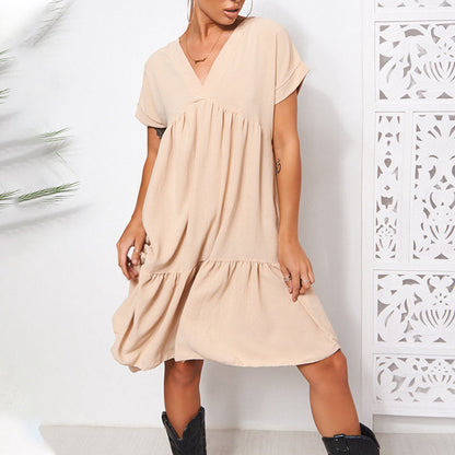 Women Fashion Casual Solid Color V-Neck Short-Sleeve Pleated Dress