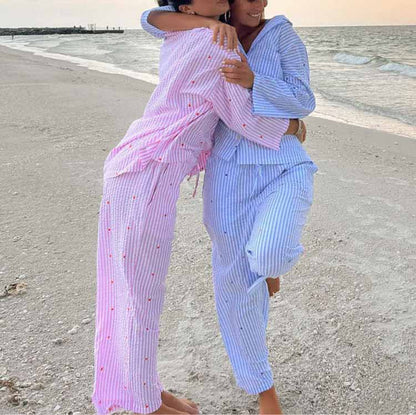Women Fashion Casual Stripe Heart-Shaped Embroidered Long-Sleeved Top Loose Pants Pajamas Set