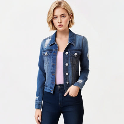 Chaqueta vaquera informal de manga larga con solapas rasgadas para mujer