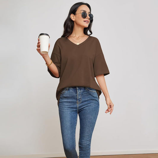 Camiseta informal holgada de color liso con cuello en V para mujer