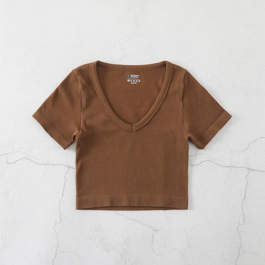 Women Fashion Casual Solid Color V-Neck Short-Sleeve Seamless Yoga Sports T-Shirt