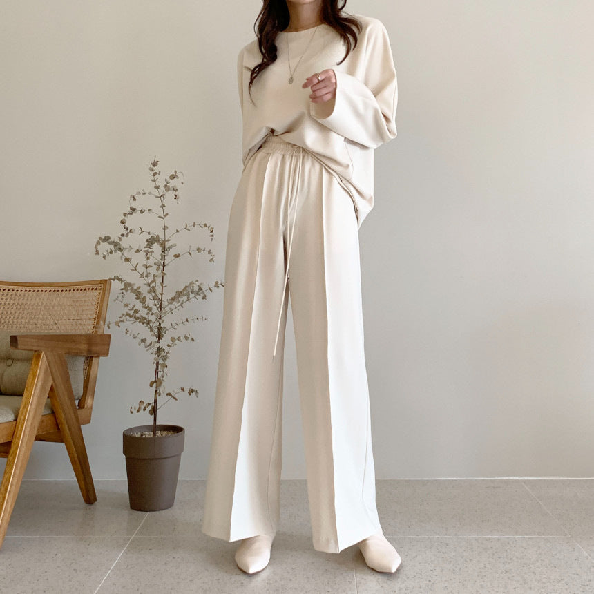 Women Fashion Casual Solid Color Loose Long Sleeve Top Drawstring Pants Two-Piece Set