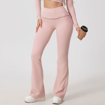Women Fashion Casual Solid Color Lace Edge High Waist Yoga Sports Pants