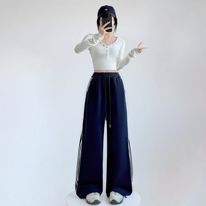 Women Fashion Casual Stripe Drawstring Wide Leg Pants
