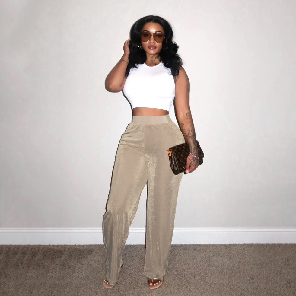 Women Fashion Casual Loose Solid Color Velvet Wide-Leg Pants