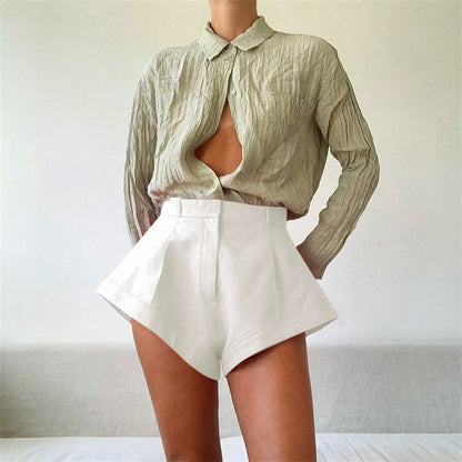 Women Fashion Casual Solid Color High Waist Wide Leg Shorts
