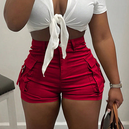 Women Fashion Casual Solid Color Pocket Tight Shorts