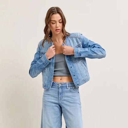 Chaqueta vaquera informal de manga larga, ajustada y con múltiples bolsillos para mujer