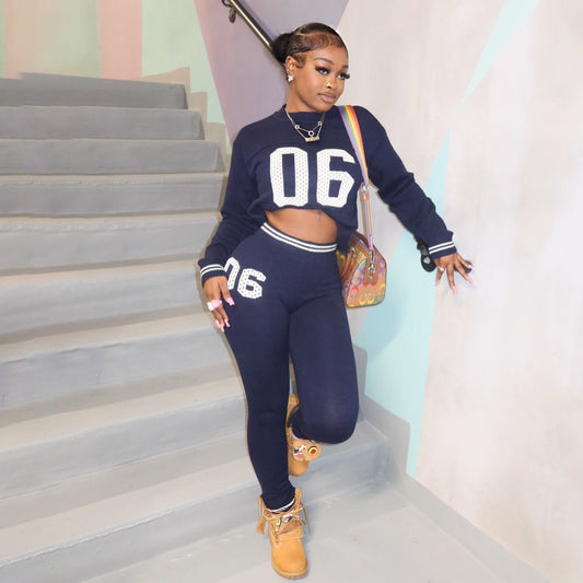 Women Fashion Casual Letters Long Sleeve Round-Neck Sweater Tight Pants Knitted Stwo-Piece Set