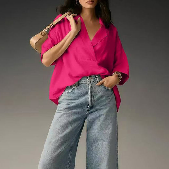Women Fashion Casual Solid Color Lapel Short-Sleeve Loose Crop Top