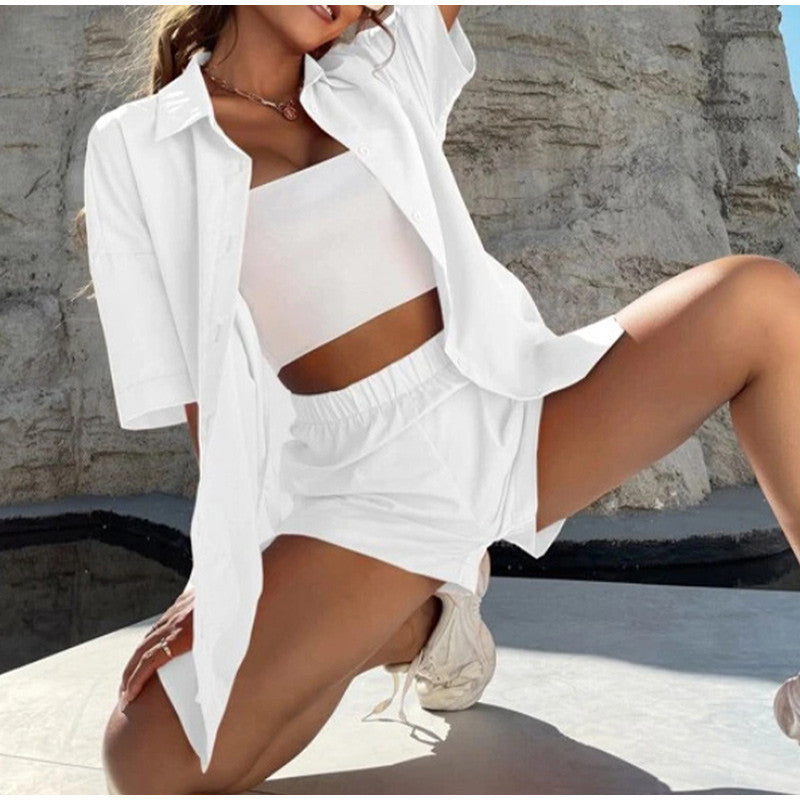 Traje de lino y algodón para mujer, color liso, camisas de manga larga y pantalones cortos, conjuntos casuales