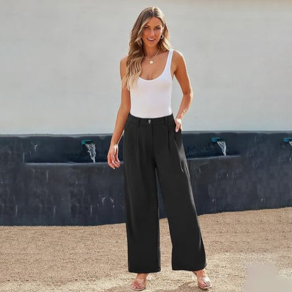 Women Fashion Casual Solid Color High Waist Wide Leg Pants