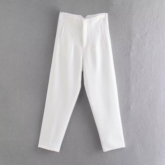 Pantalones casuales de cintura alta de color sólido a la moda para mujer