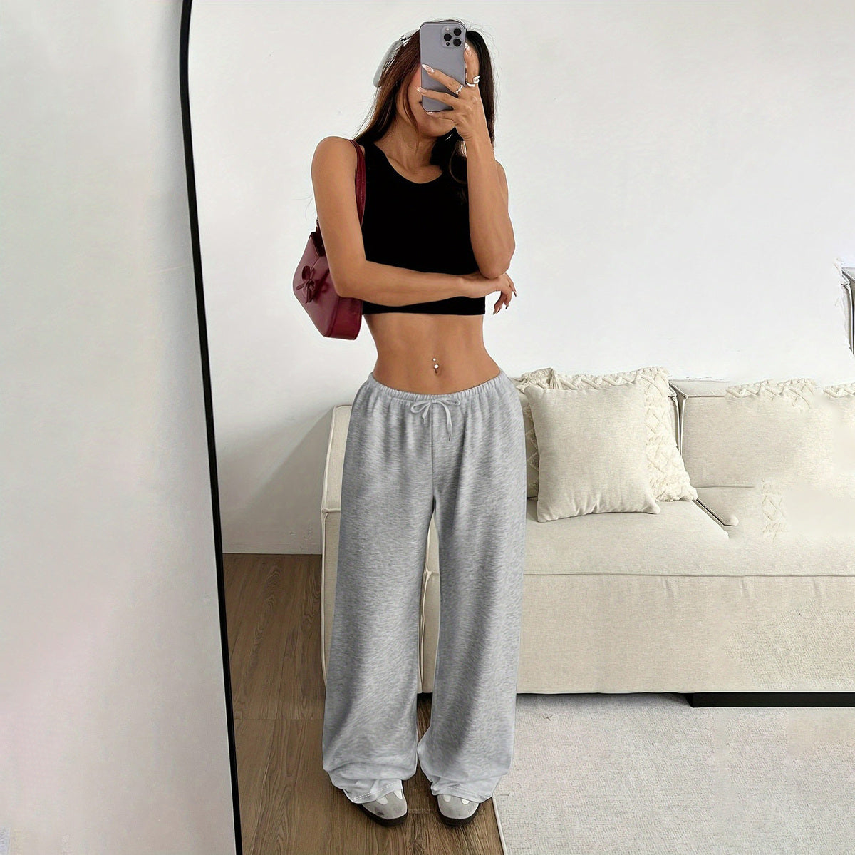Women Casual Simple Solid Color Loose Lace-Up Wide Leg Pants