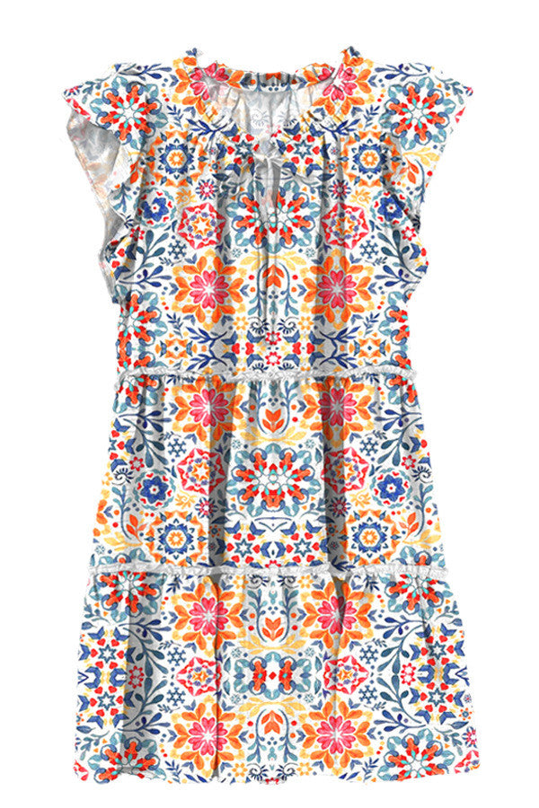 Vestidos casuales con volantes y cuello redondo con estampado floral para mujer