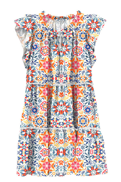 Vestidos casuales con volantes y cuello redondo con estampado floral para mujer