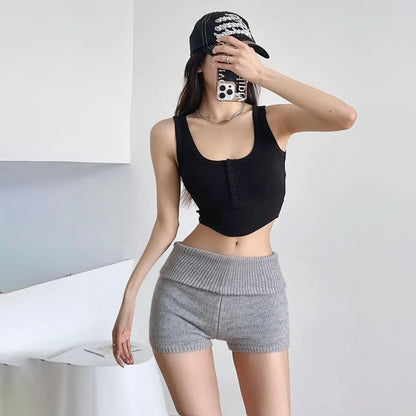 Women Fashion Casual Solid Color Stretch High-Waisted Knitted Shorts