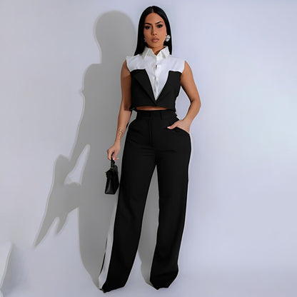 Conjunto de dos piezas de top corto sin mangas con solapa y pantalones ajustados con contraste de color para mujer