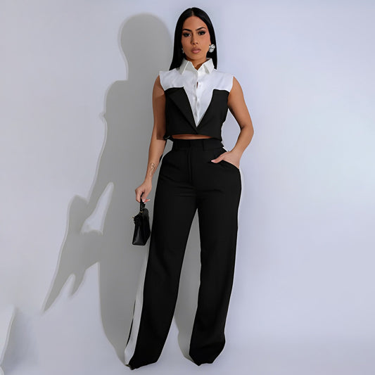 Conjunto de dos piezas de top corto sin mangas con solapa y pantalones ajustados con contraste de color para mujer