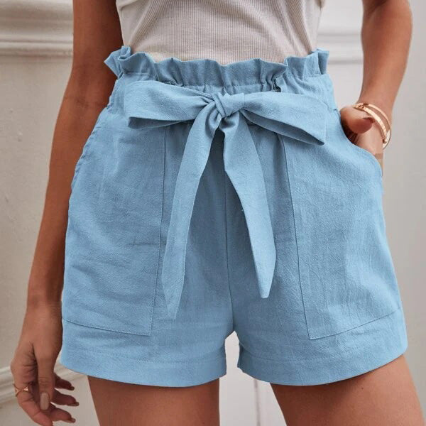 Women Casual Linen Solid Color Loose Pocket High Waist Shorts