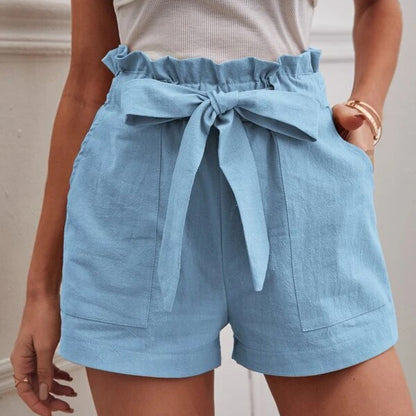 Women Casual Linen Solid Color Loose Pocket High Waist Shorts
