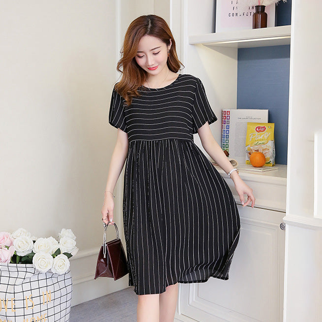 Pregnant Women Fashion Casual Stripe Lapel Short-Sleeve Lace-Up Loose Dress