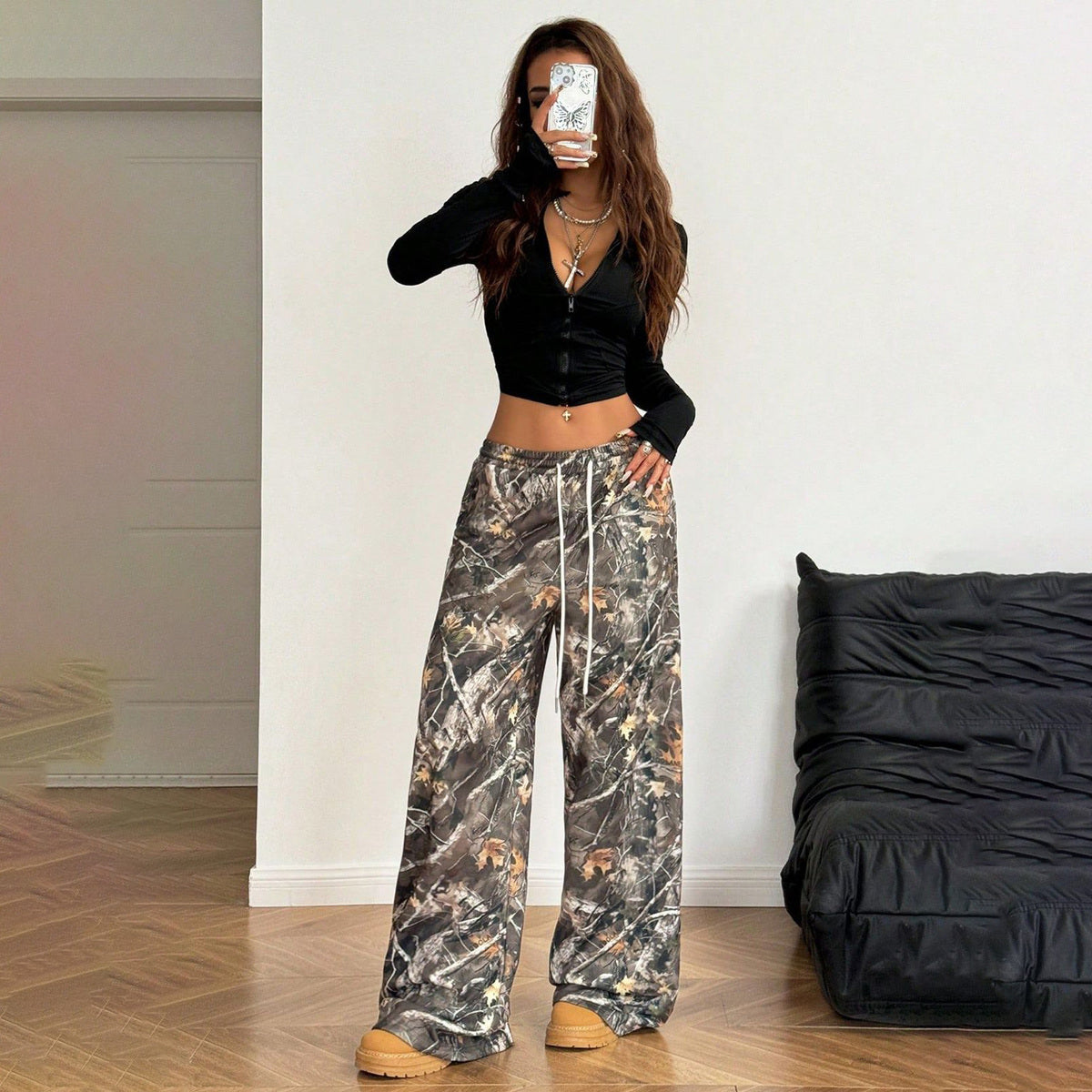 Women Fashion Casual Elastic Waist Camouflage Printed Wide Leg Pants