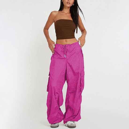 Women Casual Solid Color Loose Pocket Low Waist Drawstring Pants