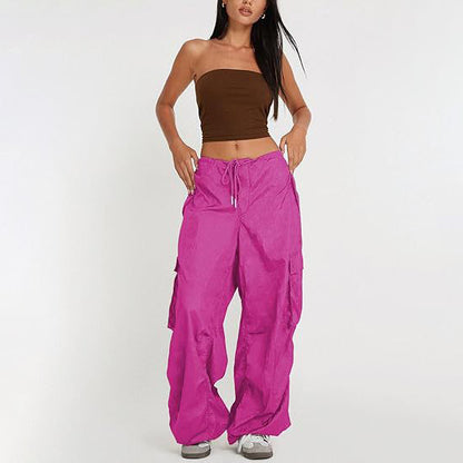 Women Casual Solid Color Loose Pocket Low Waist Drawstring Pants