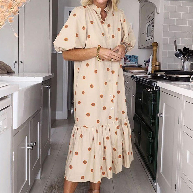Vestido holgado con volantes y mangas cortas abullonadas con estampado informal a la moda para mujer