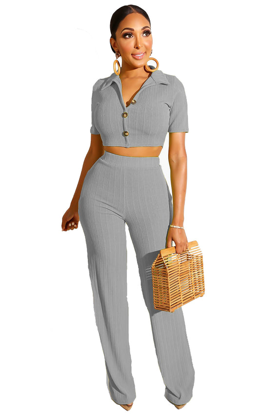 Women Casual Knitted Short-Sleeved Lapel Crop Top Tight Pants Two-Piece Set