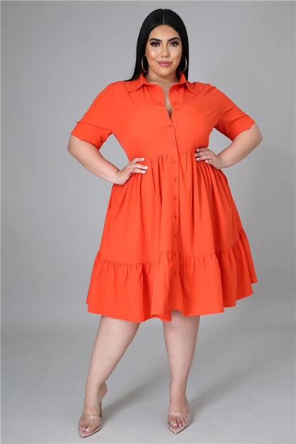 Plus Size Women Summer Casual Solid Color Short Sleeves Single-breasted Ruffled Shirt Dress
