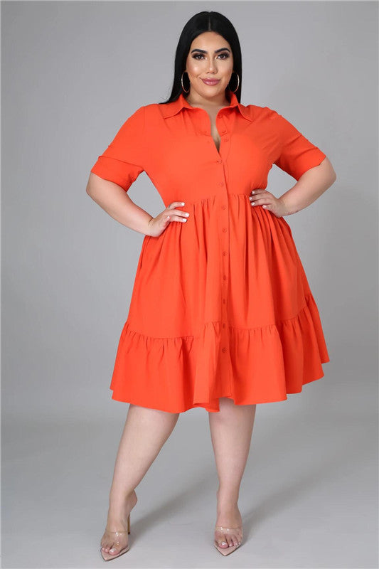 Plus Size Women Summer Casual Solid Color Short Sleeves Single-breasted Ruffled Shirt Dress