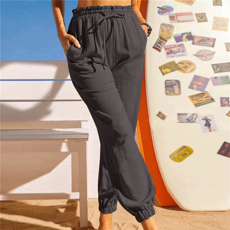 Women Fashion Casual Solid Color Elastic Waist Jogger Pants