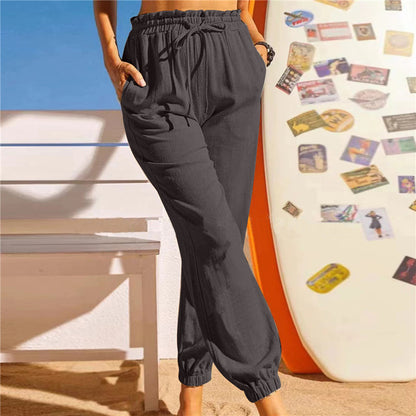 Women Fashion Casual Solid Color Elastic Waist Jogger Pants